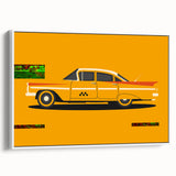 Vintage poster art of a classic car in vibrant colors on a large framed canvas, ideal for living room decor.