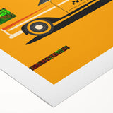 Art deco poster of a vintage sports car in monochrome shades on rolled canvas, suitable for dining room wall.