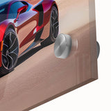 Mid-century modernist acrylic print of abstract sports cars in vibrant colors, ideal for dining room art.