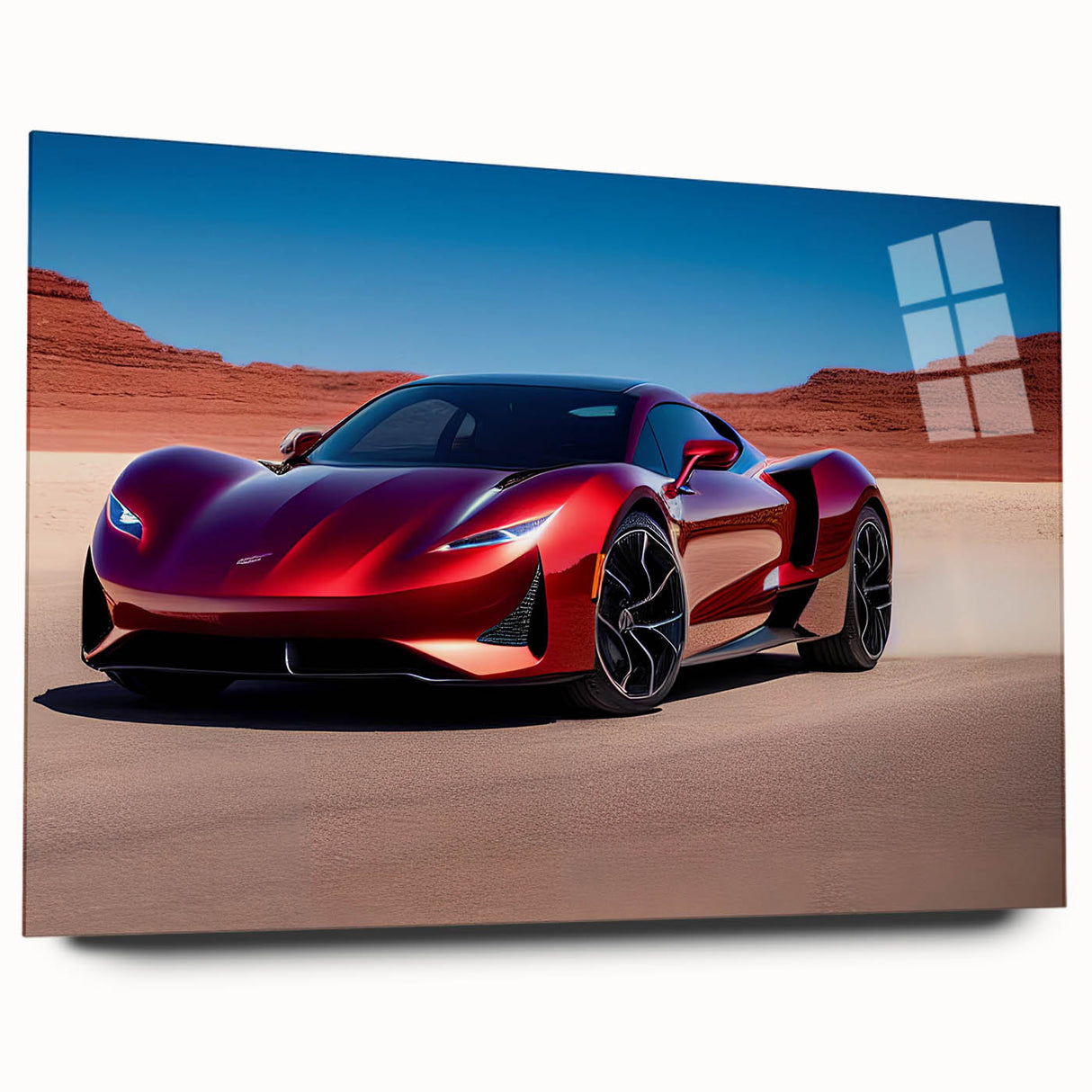 Side view of a sports car in monochrome tones on large acrylic glass, ideal for modern bedroom or dining room decor.