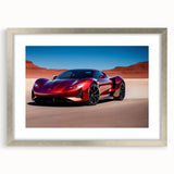 Abstract art print of a sports car in textured gray tones on a silver-framed canvas, suitable for bedroom art.