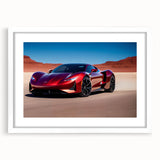 Abstract art print of a stylized sports car in vibrant red and black tones on a white framed canvas.