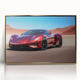 Acrylic print of a gold sports car in front view, set in a mid-century modernist style, suitable as modern art wall decor.