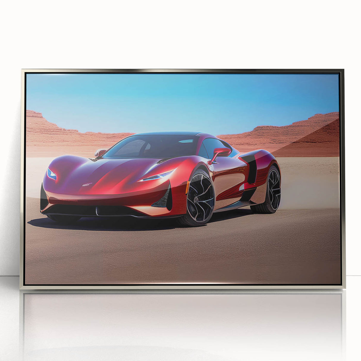 Mid-century modernist art depicting a silver sports car in bold lines on a framed acrylic, ideal for modern art wall decor.