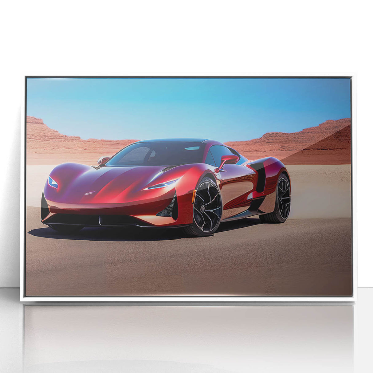 Art deco poster of a vintage sports car in monochrome shades, acrylic print framed in white.