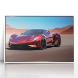 Art deco poster of a vintage sports car in monochrome shades, acrylic print framed in white.