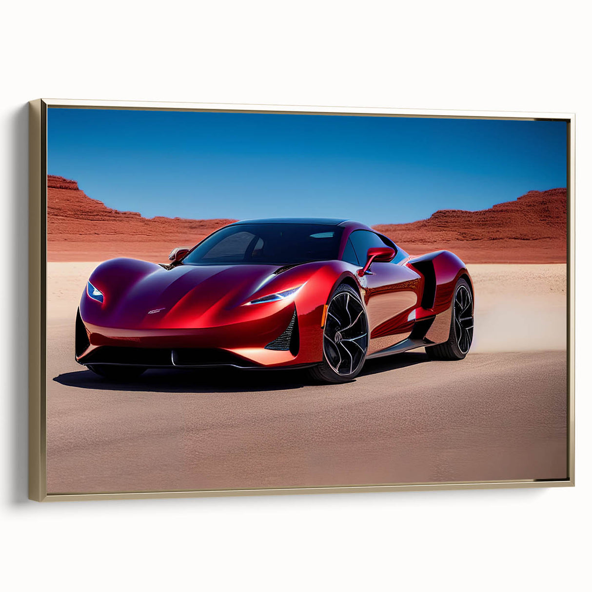 Side view of a vintage sports car in black and gold hues on a framed canvas, suitable for bedroom wall decor.