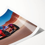 Extra large wall art featuring a sport car in vibrant red and black hues on a rolled print.