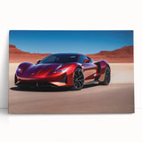 Black and white photo of a sports car on stretched canvas, suitable as large kitchen wall art or for a bedroom.