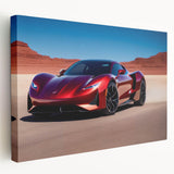 Side view of a red sports car on a large stretched canvas, in a realistic style, suitable for kitchen wall art.