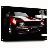 Side view of a sports car in monochrome, acrylic print, suited for modern bedroom or dining room decor.