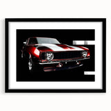 Extra large abstract art print of colorful, textured sports cars on a black framed canvas, ideal for living room decor.