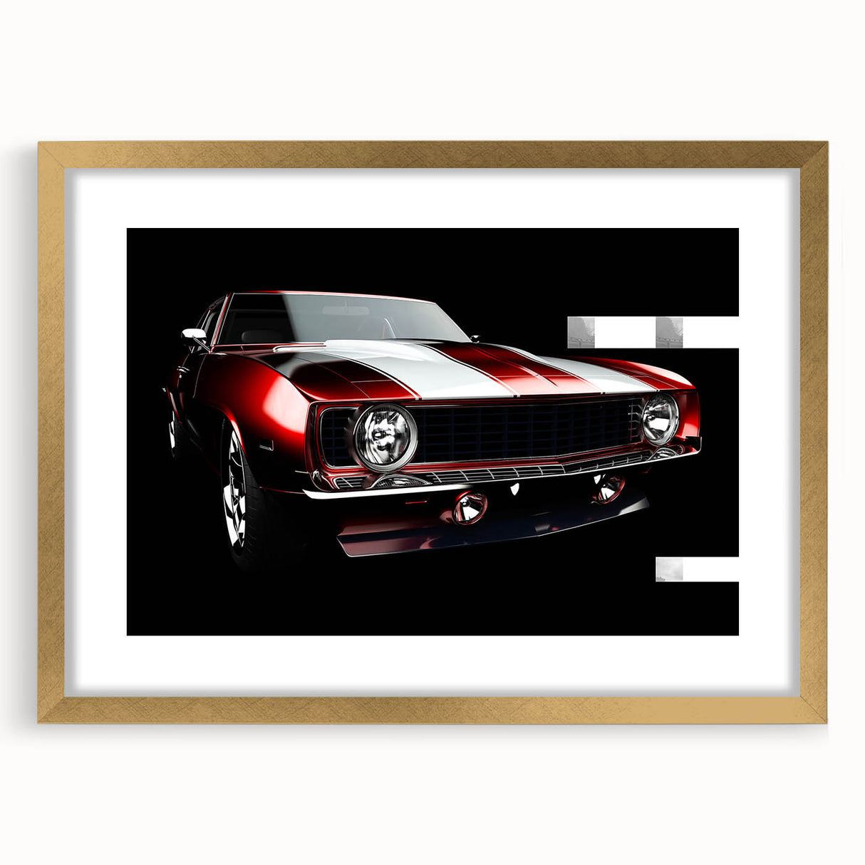 Abstract art print of a sports car in textured gold and black, framed, perfect for living room decor.