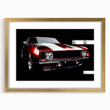 Abstract art print of a sports car in textured gold and black, framed, perfect for living room decor.