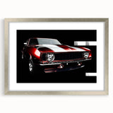 Textured abstract art print of a sports car in dynamic motion, rendered in grayscale on a framed canvas.