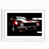 Abstract art print of sports cars in monochrome, framed in white, suitable for bedroom or dining room decor.