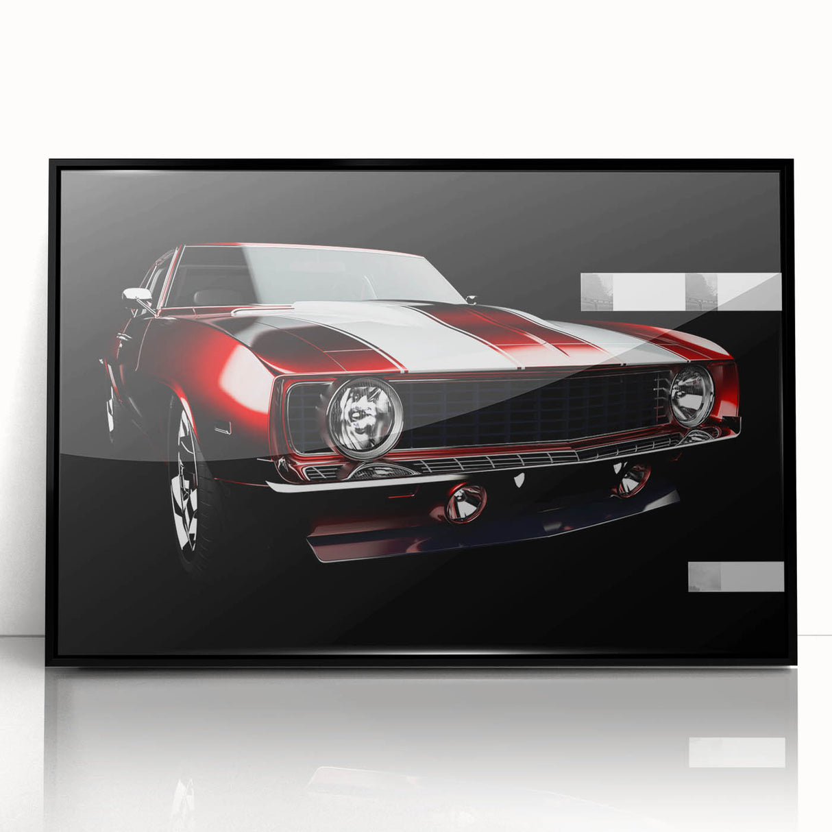 Large abstract wall art depicting a black sports car, in mid-century modernist style, framed in acrylic.