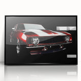 Large abstract wall art depicting a black sports car, in mid-century modernist style, framed in acrylic.