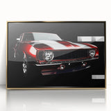 Front view of a gold sports car on a framed acrylic print in mid-century modernist style, suitable for modern art wall decor.