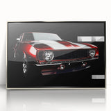 Mid-century modernist style sports car depicted in silver on a framed acrylic print, suitable for modern art wall decor.