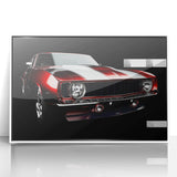 Art deco poster of a white sports car on a framed acrylic, featuring vivid red and black tones.