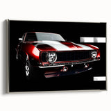 Silver vintage car on black background in a silver-framed canvas, ideal for automotive-themed decor.