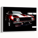Vintage poster art of a classic car in black and white on a framed canvas, ideal for living room decor.