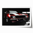 Extra large rolled print of a sports car in vibrant red and black tones, ideal for art wall dining room.