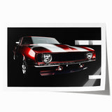 Extra large rolled print of a sports car in vibrant red and black tones, ideal for art wall dining room.