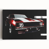 Black and white image of sports cars in motion on a stretched canvas, ideal for large kitchen wall art.