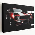 Side view of a red sports car on a stretched canvas, with a glossy finish, ideal for kitchen wall art.