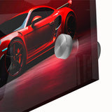 Abstract depiction of sport cars in vibrant colors on acrylic, ideal for dining room art in mid-century modernist style.