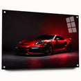 Side view of a red sports car printed on acrylic glass, featuring a sleek design.