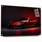 Side view of a red sports car printed on acrylic glass, featuring a sleek design.