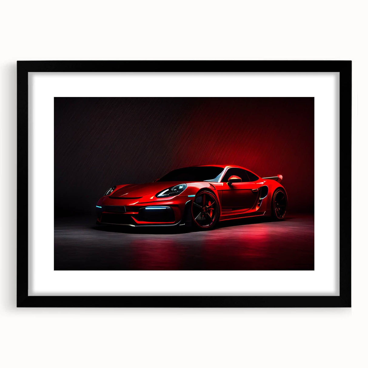 Extra large abstract art print of colorful, textured sports cars on a black framed canvas, suitable for living room decor.