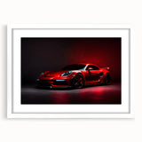 Abstract art print of a sport car in monochrome, displayed in a white frame with mat.