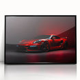 Large abstract wall art of a black sports car in mid-century modernist style, printed on framed acrylic.