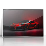 Front view of a white sports car in art deco style on a framed acrylic, suitable as modern art wall decor.