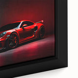 Framed canvas featuring a close-up of a black sports car with colorful, textured detailing, ideal for living room decor.