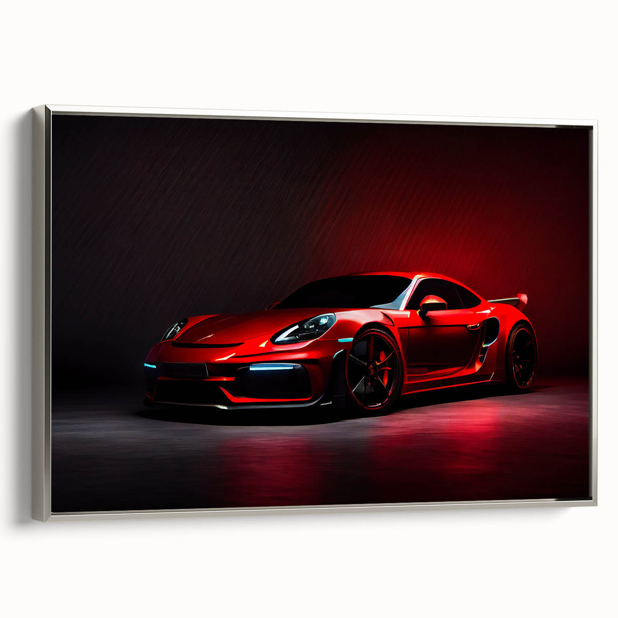 Side view of a vintage sports car in black and silver hues on a framed canvas, ideal for adding a retro feel to any room.