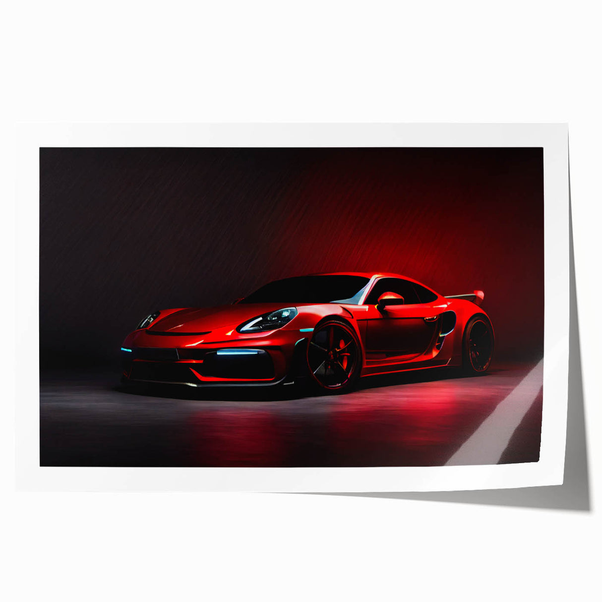 Rolled print of a sports car in vivid red and black tones, suitable as art wall dining room decor.