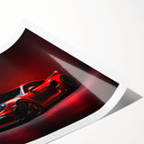 Extra large wall art of a sports car in dynamic motion, rendered in bold black and white tones on a rolled print.