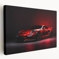 Side view of a red sports car on a stretched canvas, in bold colors, ideal for kitchen wall art.
