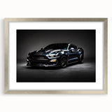Textured art print of an abstract silver sports car on a dark background, framed with a mat, suitable for bedroom decor.