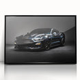 Large abstract wall art of a black sports car in mid-century modernist style on framed acrylic.