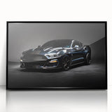 Large abstract wall art of a black sports car in mid-century modernist style on framed acrylic.