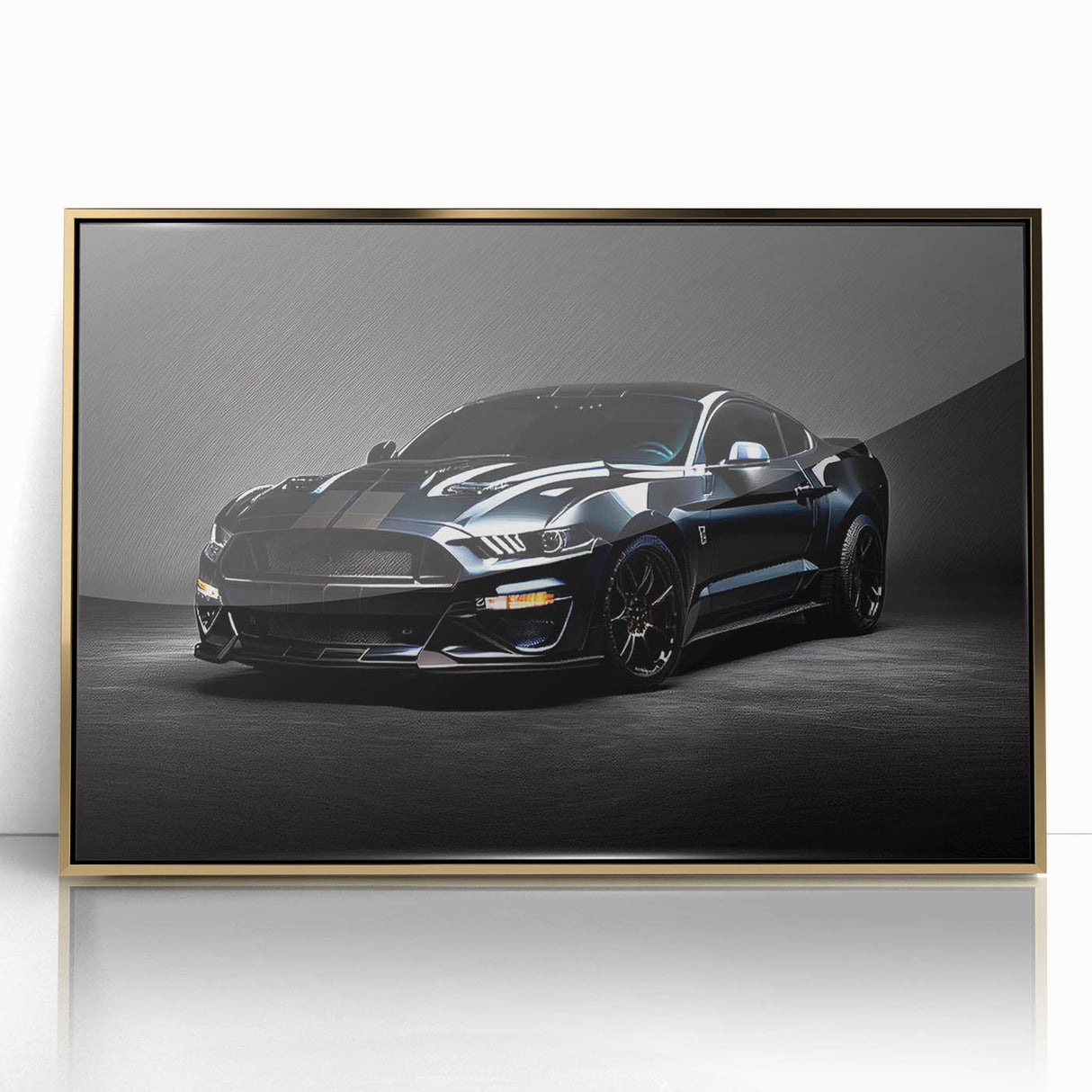 Front view of a gold vintage sports car, rendered in mid-century modernist style on a framed acrylic.