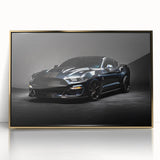 Front view of a gold vintage sports car, rendered in mid-century modernist style on a framed acrylic.