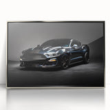 Mid-century modernist art of a silver sports car in acrylic print, ideal for modern art wall decor.