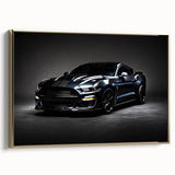 Side profile of a vintage sports car in black and gold on a framed canvas, ideal for bedroom wall decor.